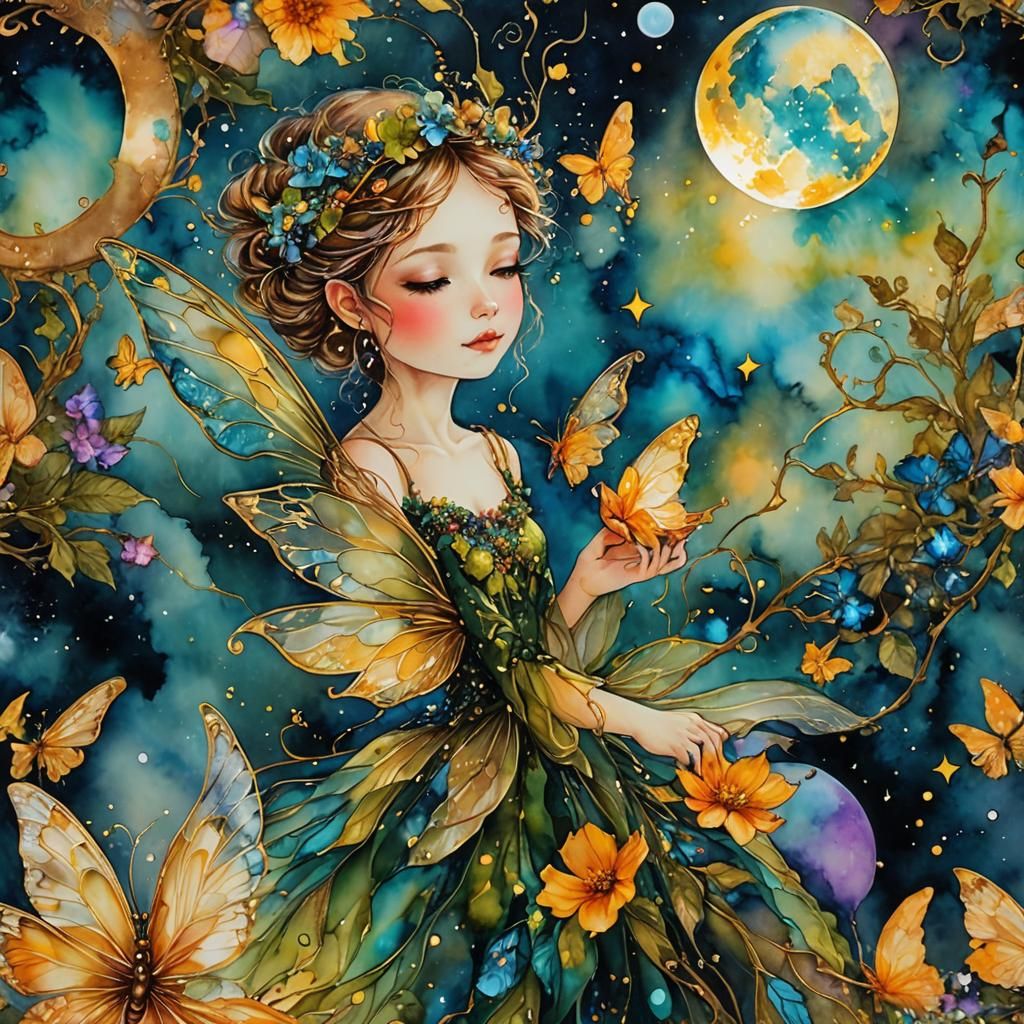 Radiant Fairy with Moons in Alcohol Ink Style
