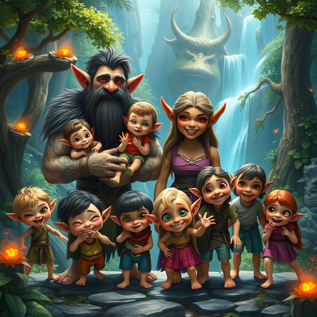 Fantastical Troll Elf Family in Whimsical Forest Landscape