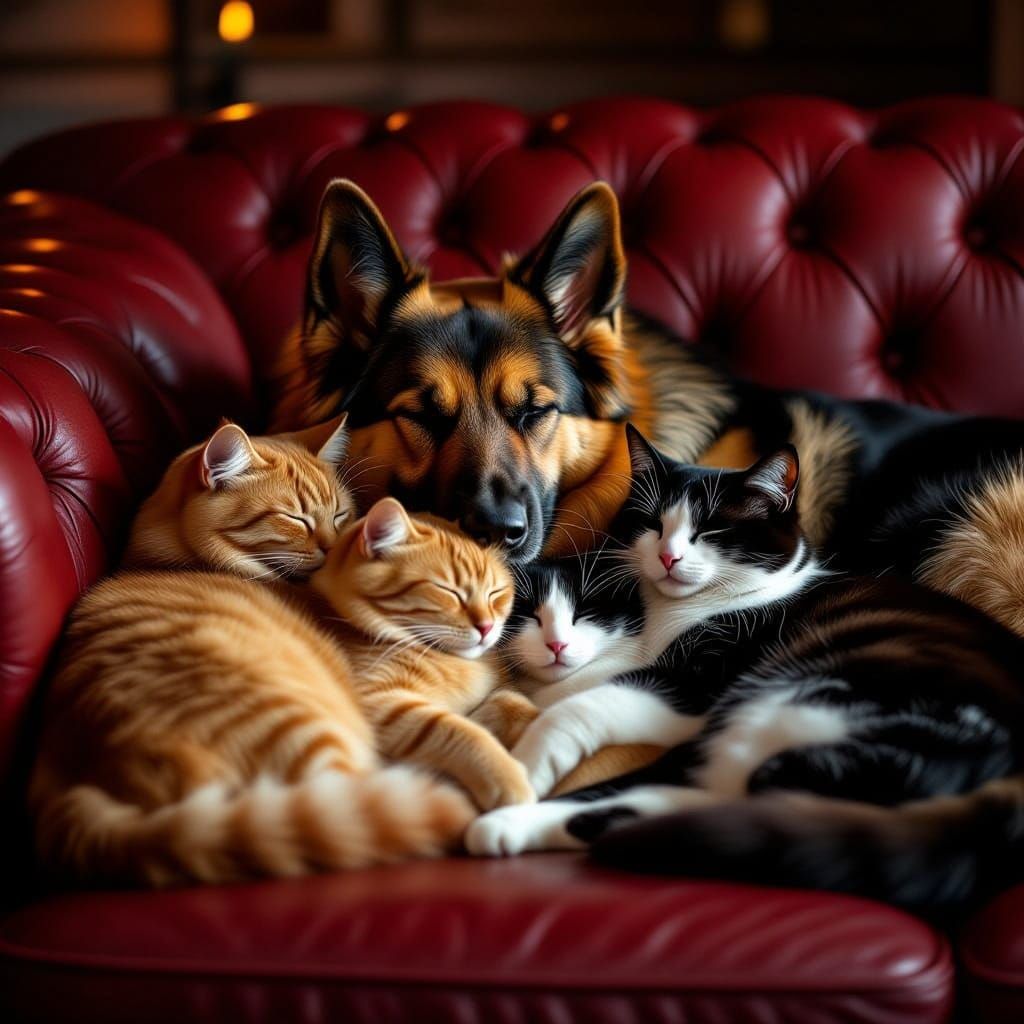 Cozy Companions: Dog and Cats Sleep on Sofa