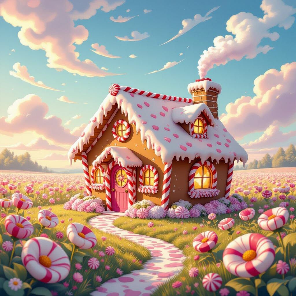 Whimsical Candy Cabin in Pastel Sky