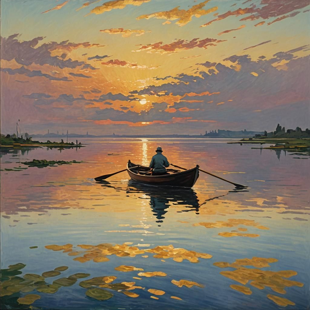 Man Rowing Boat in Sunset: Impressionist Oil Painting