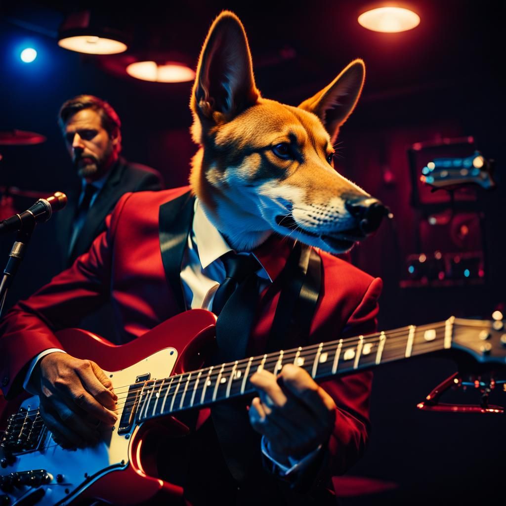 Dingo Plays Blues Guitar: Hyperrealistic Cinematic Portrait