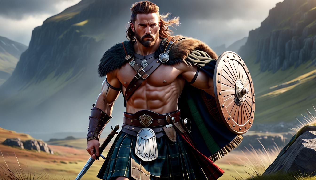 Brave Scottish Warrior in Action: Hyperrealistic Portrait