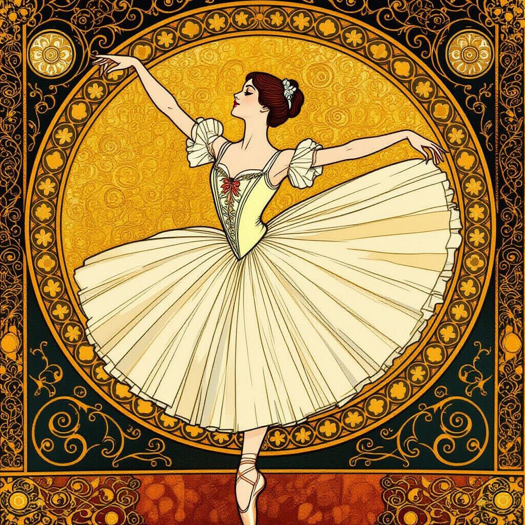 Ballerina in Art Nouveau Style with Gold Accents