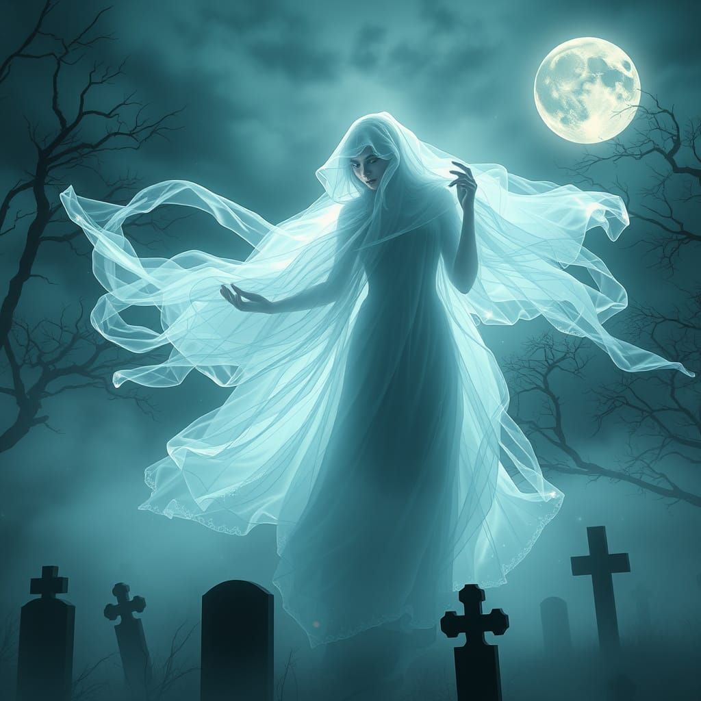 Ethereal Ghostly Woman in Nocturnal Cemetery Scene