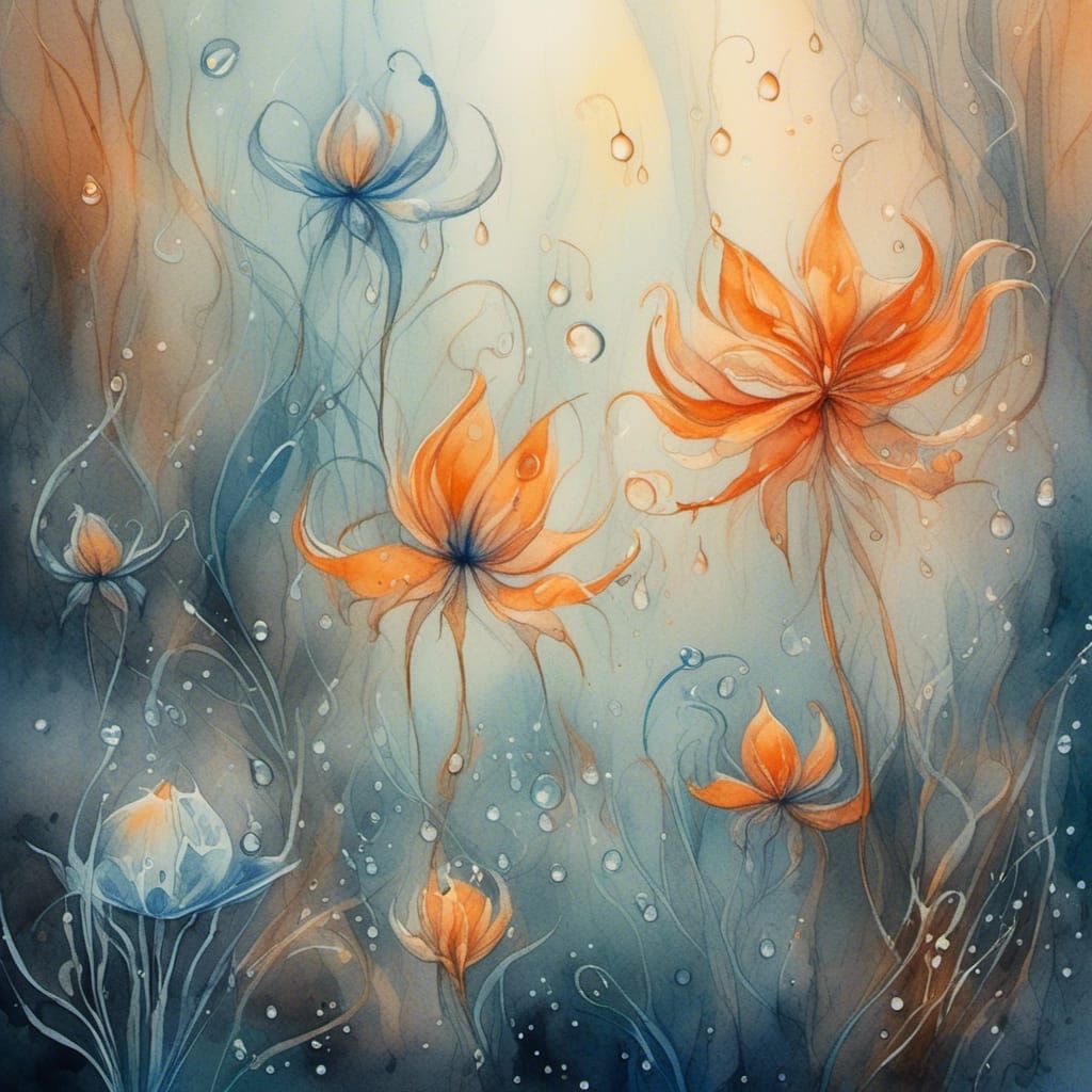 Dew Drops on Surreal Flowers in Magical Forest