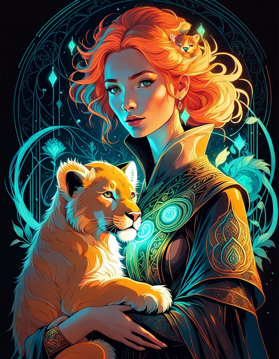 Neon Witch Portrait with Lion Cub