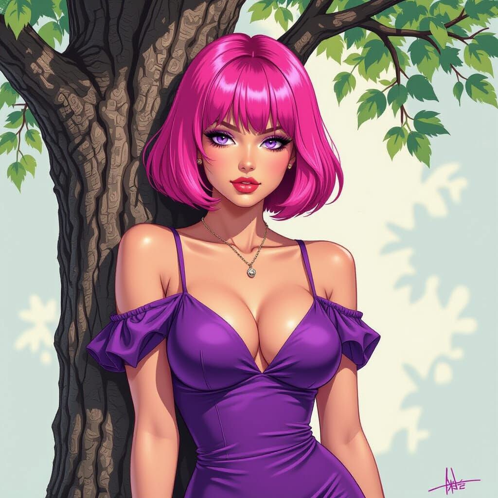 Woman in Violet 70s Dress Leans on Oak Tree