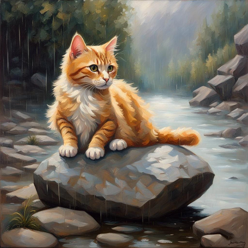 Angelic Cat on River Rock in Rain, Oil Painting