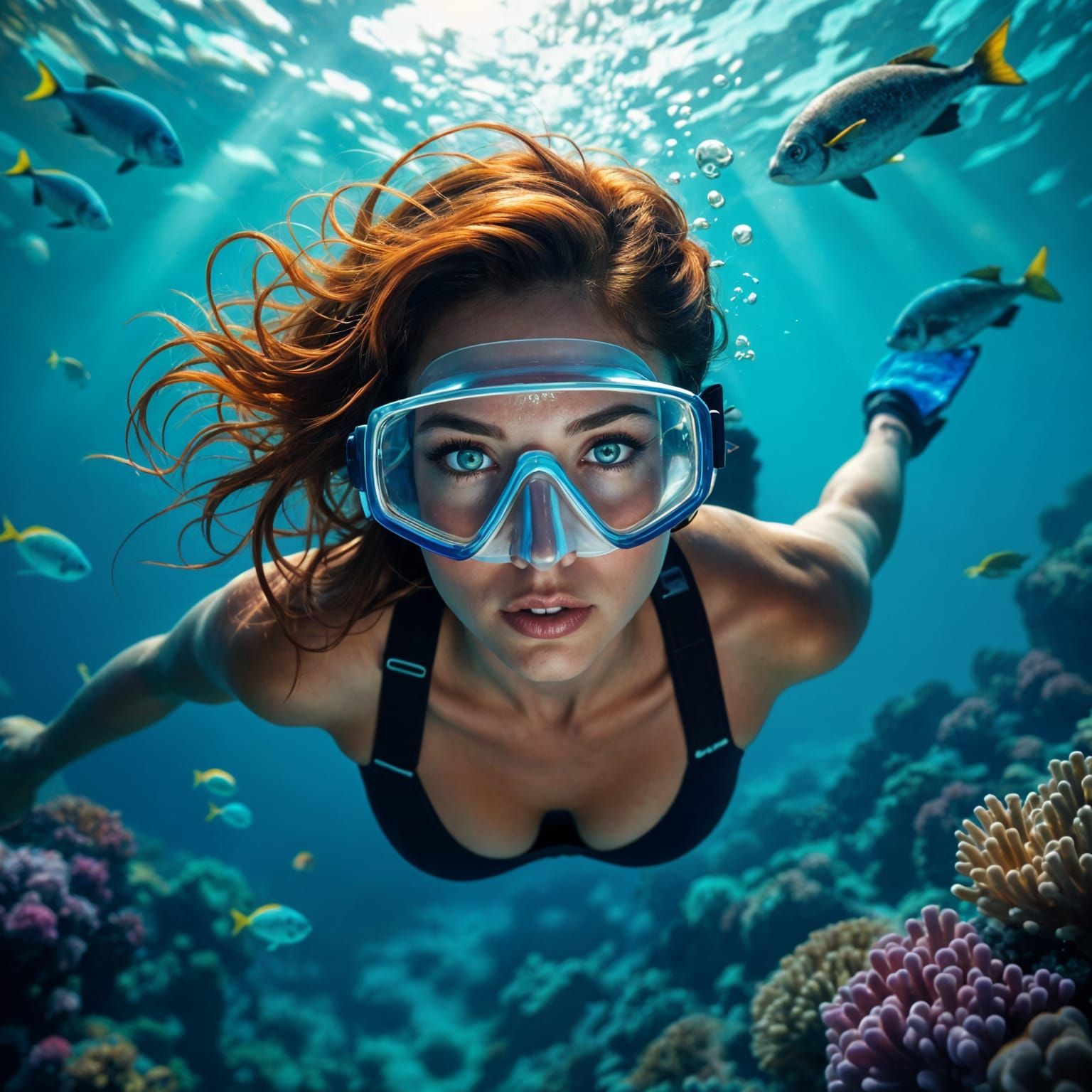 Hyperrealistic Diver in Coral Reef