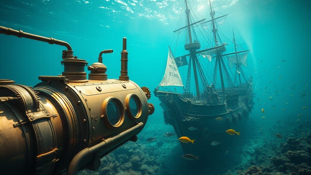Steampunk Submarine Explores Sunken Pirate Ship in Turquoise...