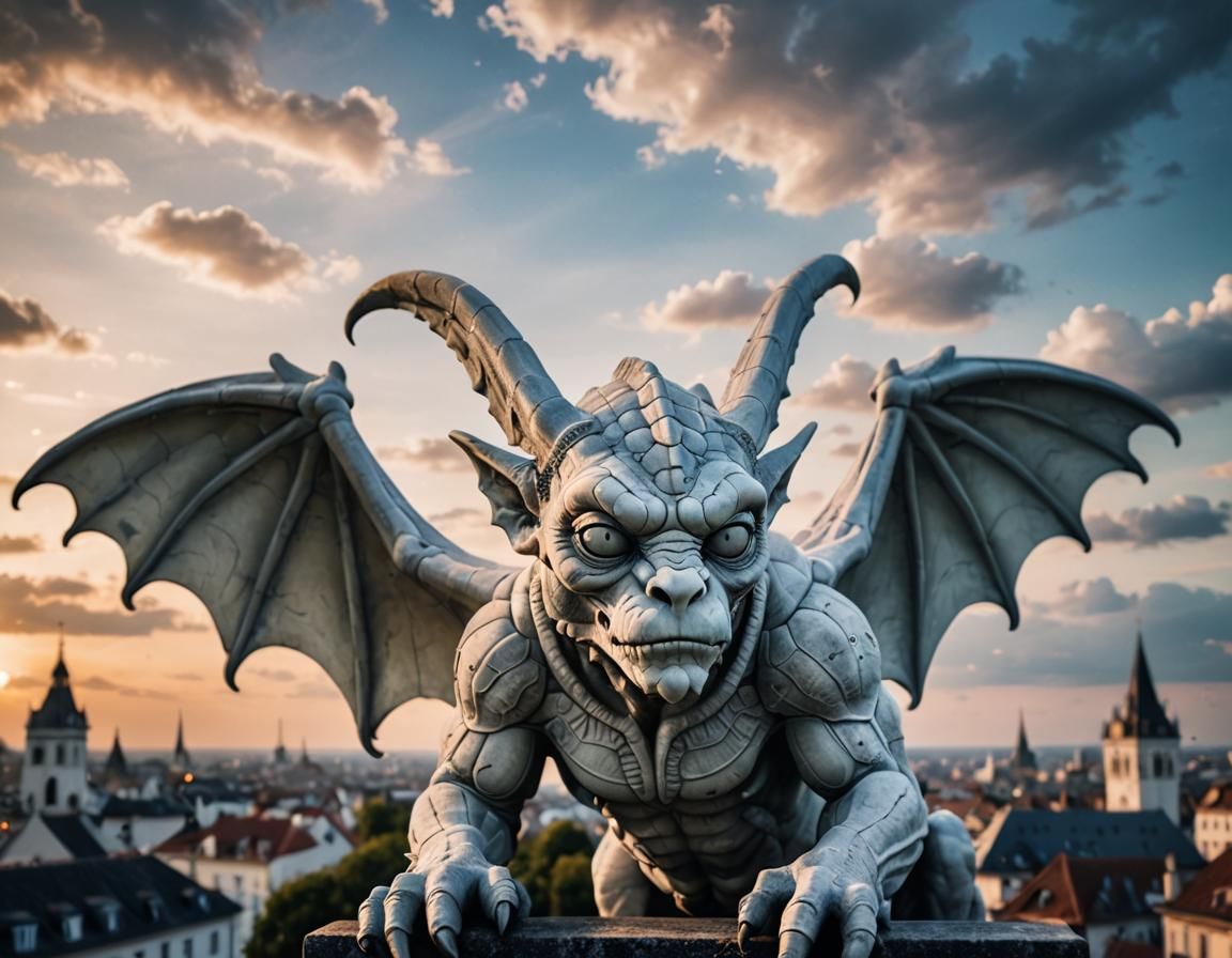 Surreal White Gargoyle Against Alien Sky