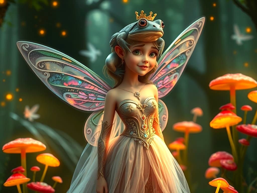 Fairy Queen with Grumpy Toad in Enchanted Forest
