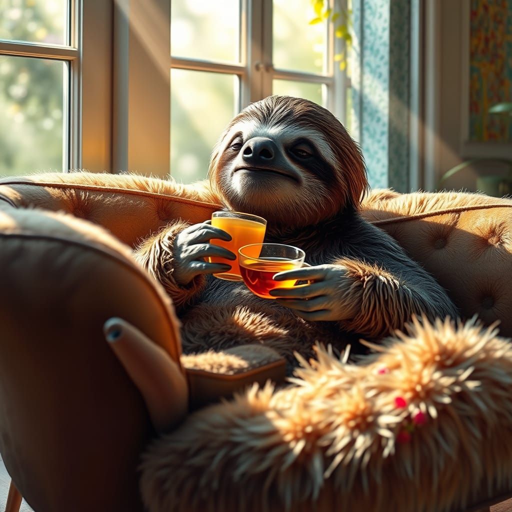 Hyperrealistic Sloth Enjoys Tea in Morning Light