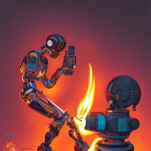 Humanoid Robot Wielding Flamethrower in Comic Art Style