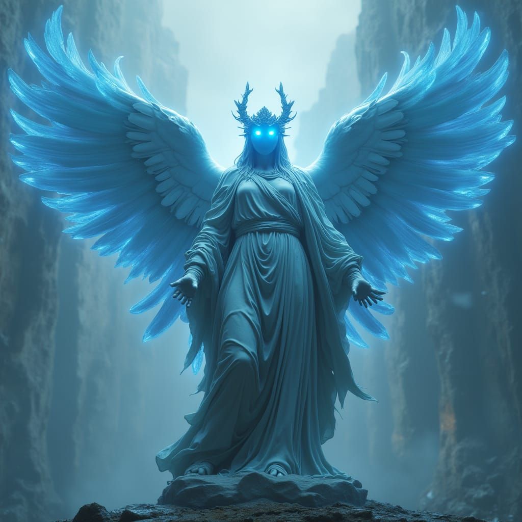 Angel Statue with Blue Energy Wings in Detailed Matte Painti...