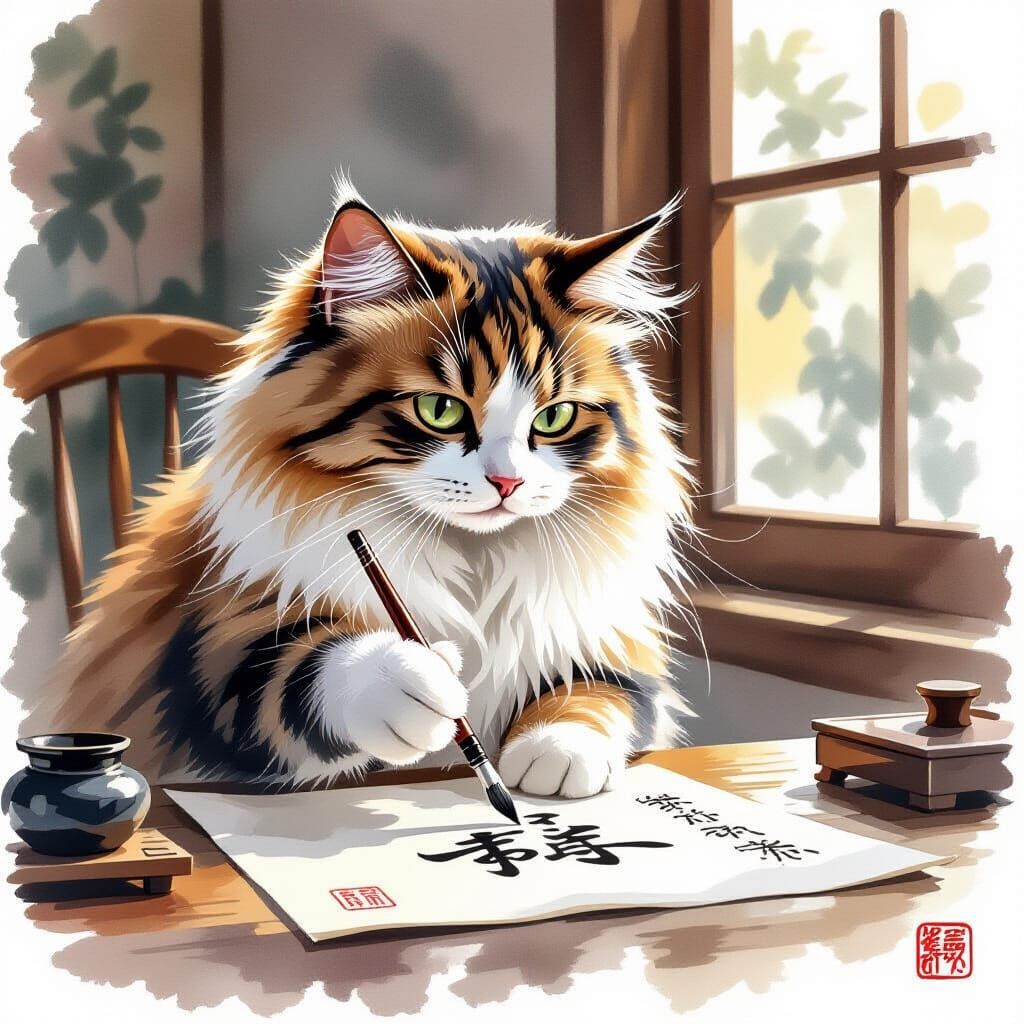 Tortie Ragdoll Cat Practicing Elegant Calligraphy