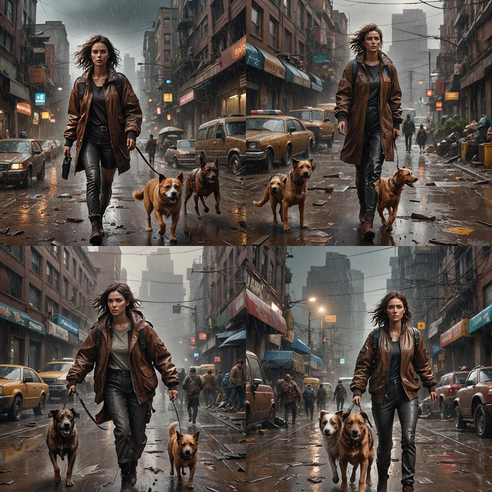 Woman and Dog in Apocalyptic Rain, Detailed Matte Painting