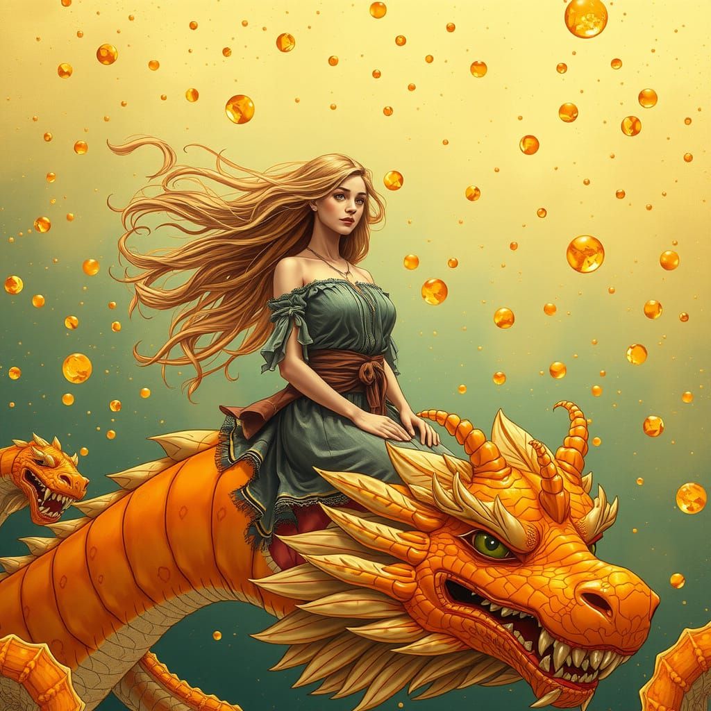 Bohemian Woman Riding Gummy Dragon in Soda Sea