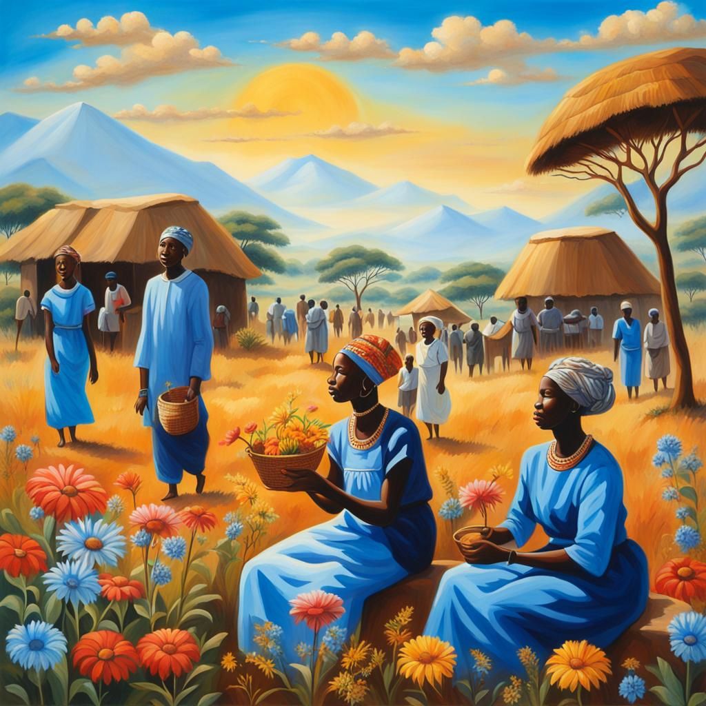 Peaceful African Village Life in Vintage Painting Style