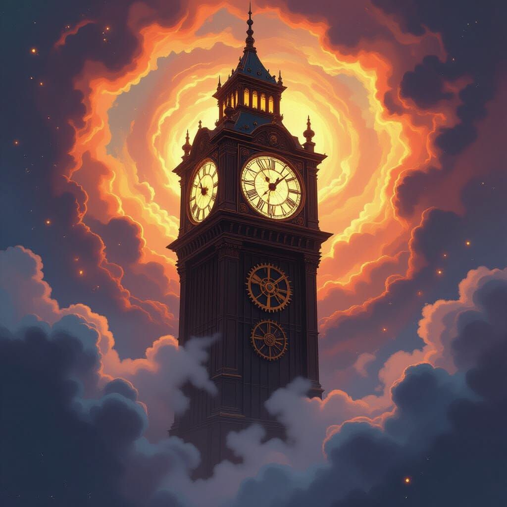 Cosmic Clock Tower Concept Art with Nebula