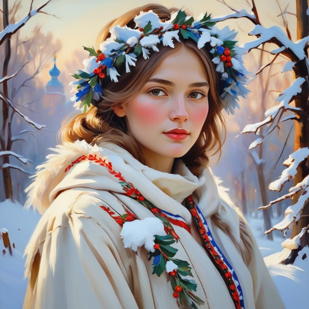 Russian Model in Snowy Moscow, Impressionist Oil Portrait