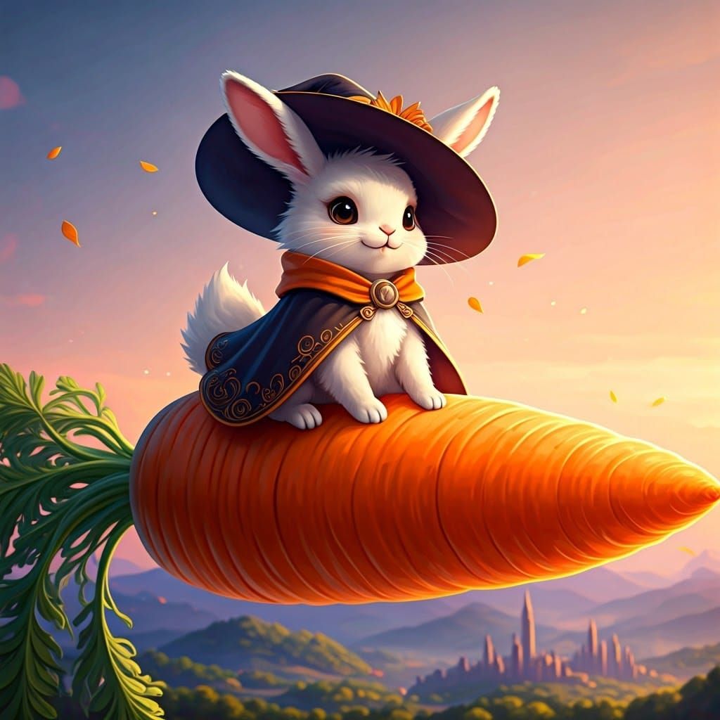 Whimsical Magical Rabbit Witch Soars on Vibrant Flying Carro...