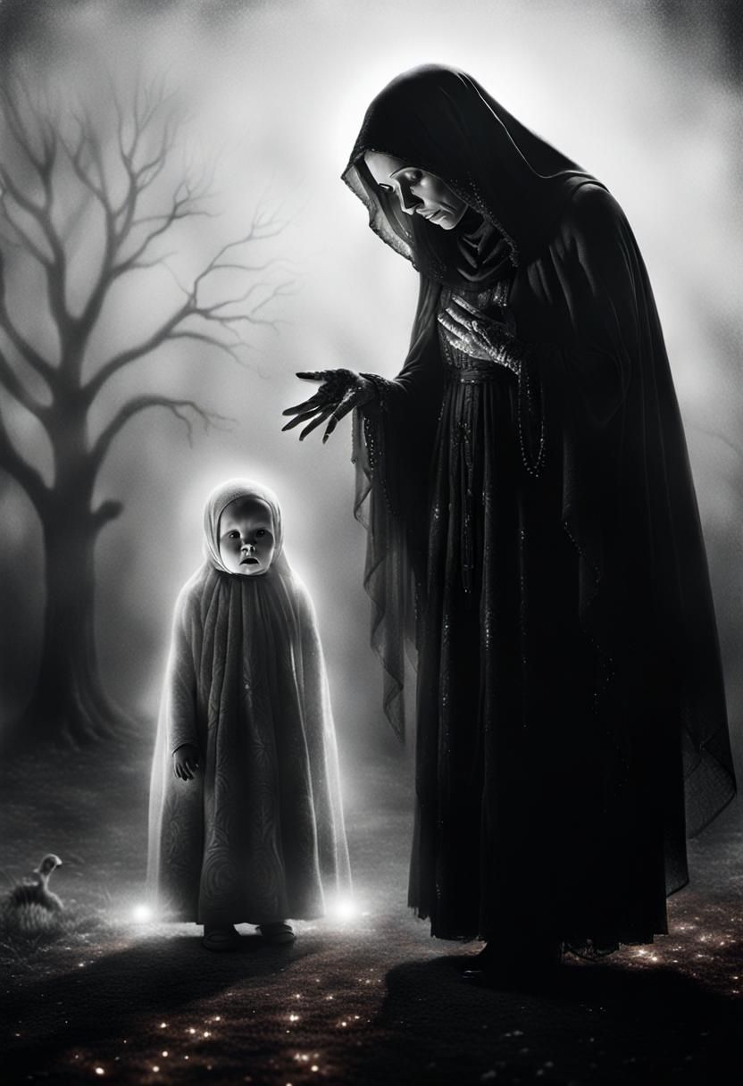 Mourning Woman and Ghost Baby: Charcoal Drawing