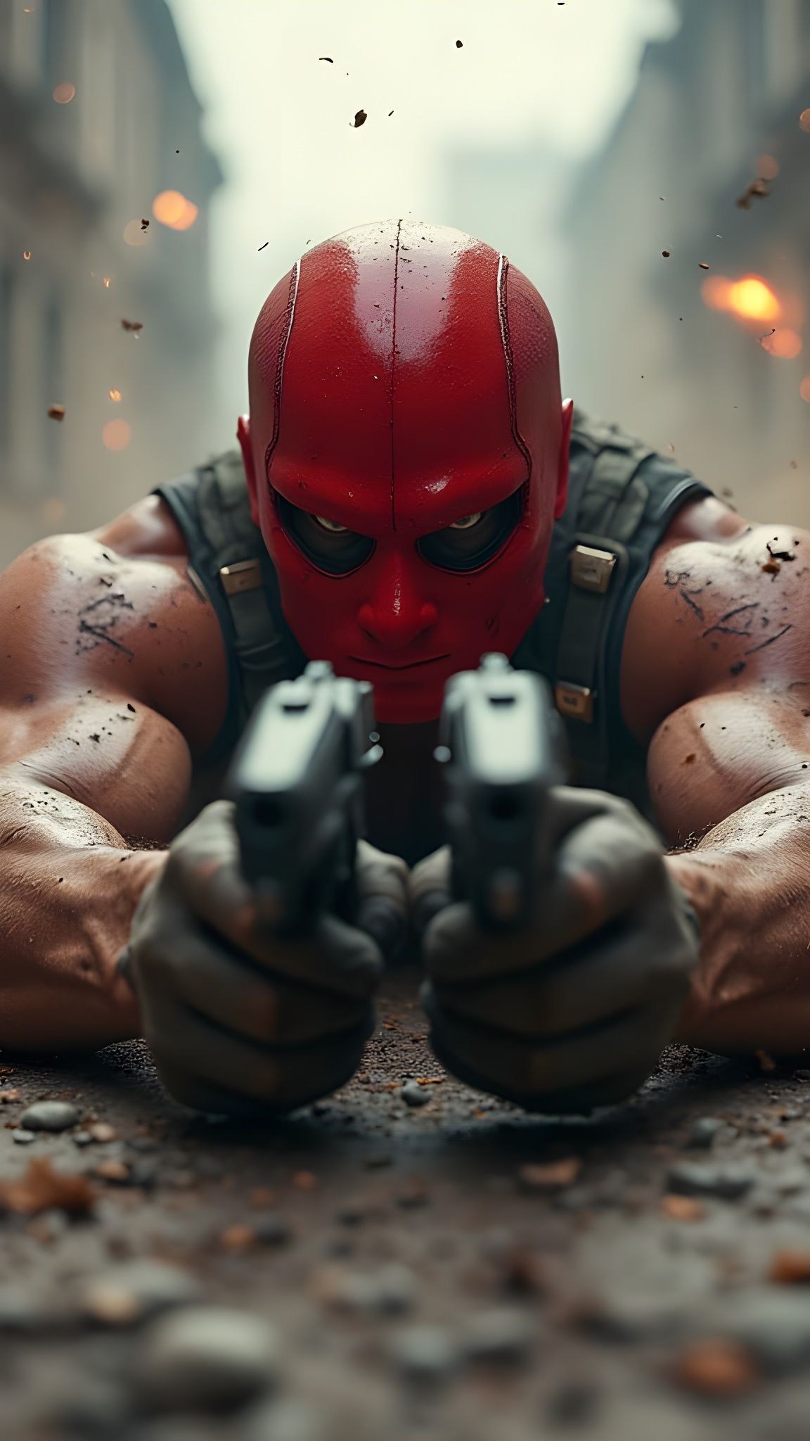 Red Masked Gunman in Explosive Action Scene