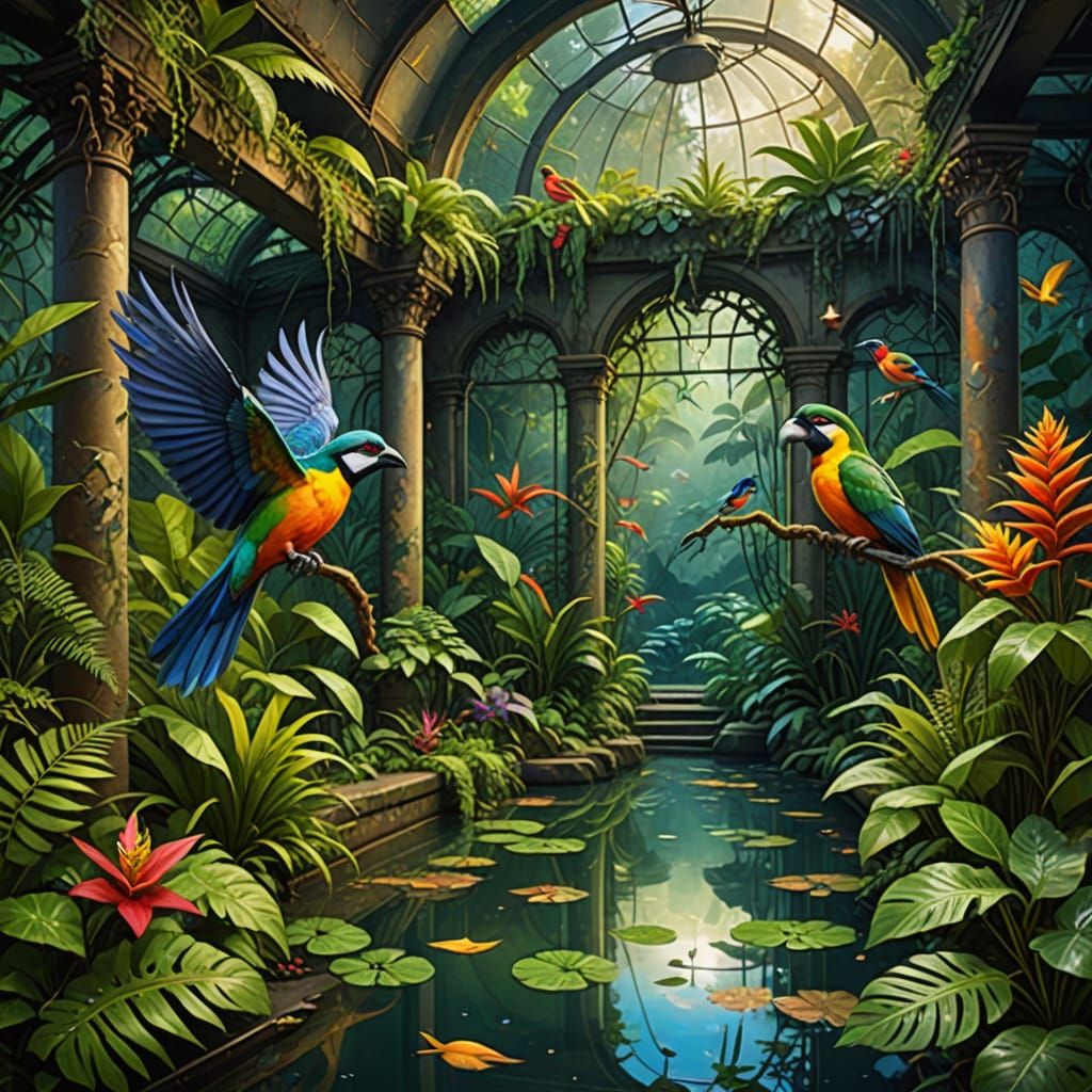 Exotic Birds in Jungle Aviary Concept Art