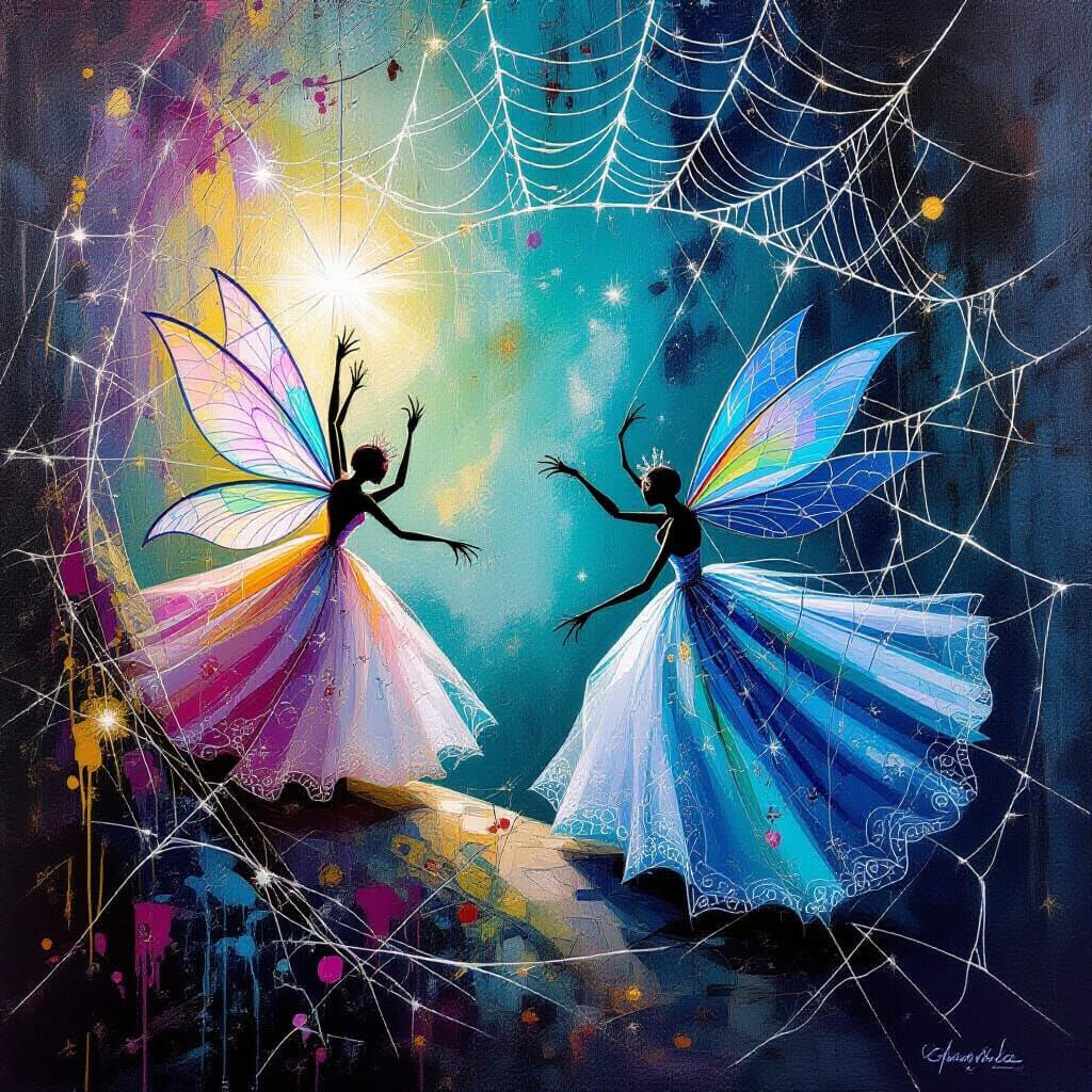 Spiders in Princess Dresses on Shimmering Web