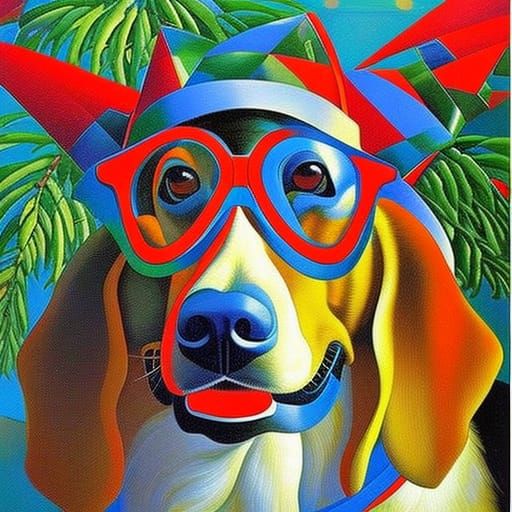 Smiling Christmas Dog with Cubist Decorations