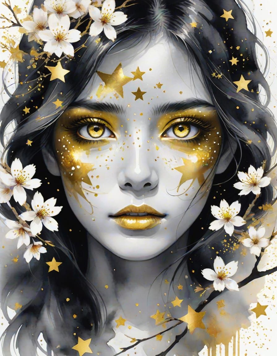 Golden Eyes with Cherry Blossoms Watercolor Art