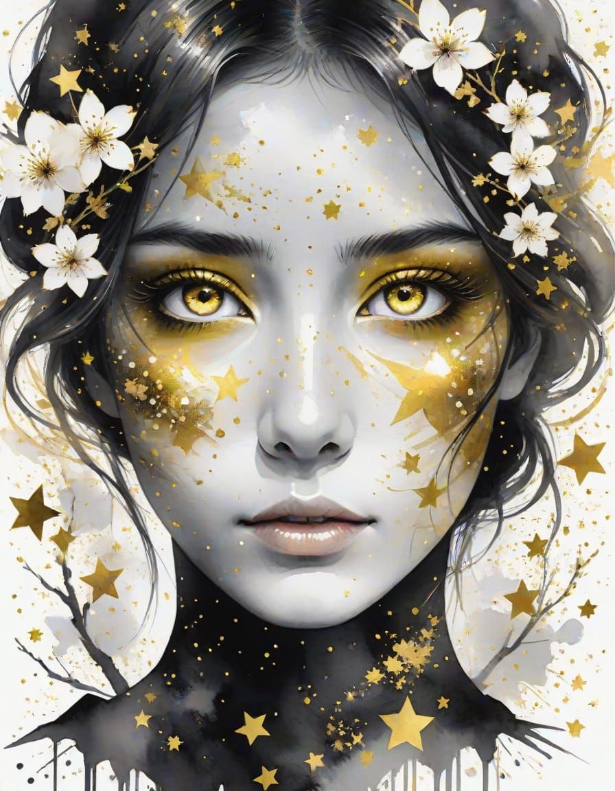 Golden Eyes with Cherry Blossoms Watercolor Splash Art