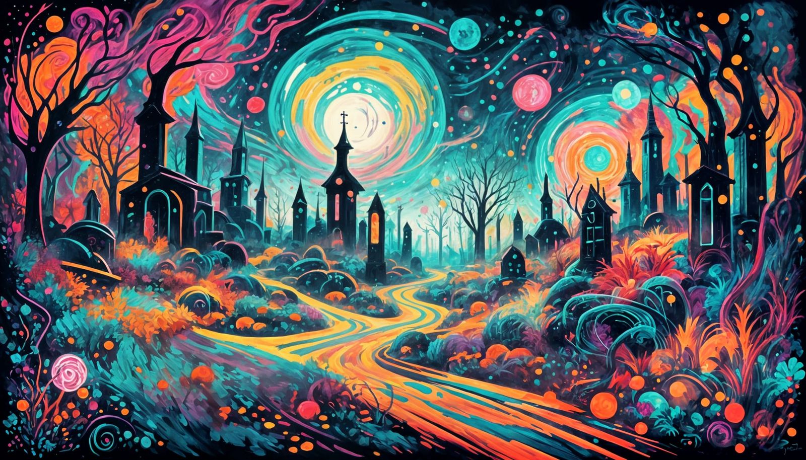 Futuristic Graveyard with Glowing Runes in Expressionist Sty...