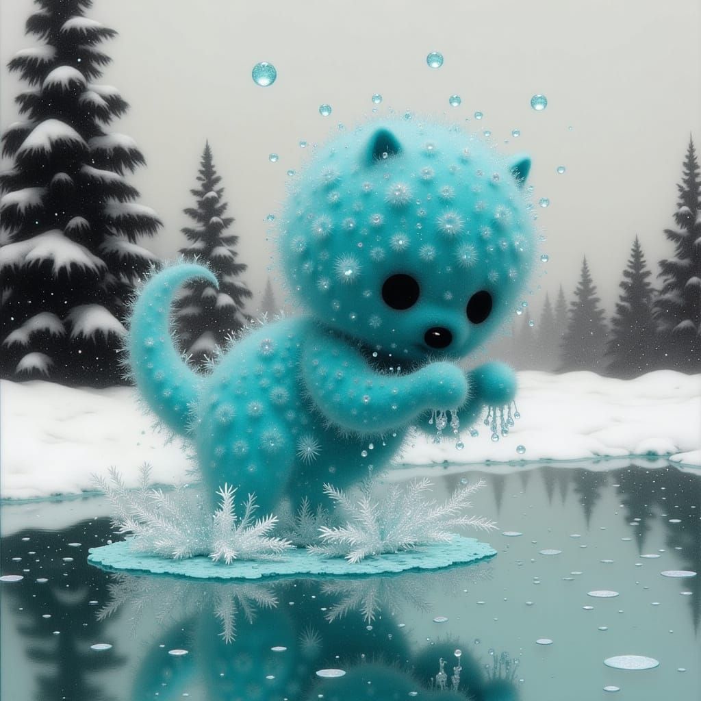 Whimsical Crystal Puppy Emerges from Icy Pond in Vibrant Tur...