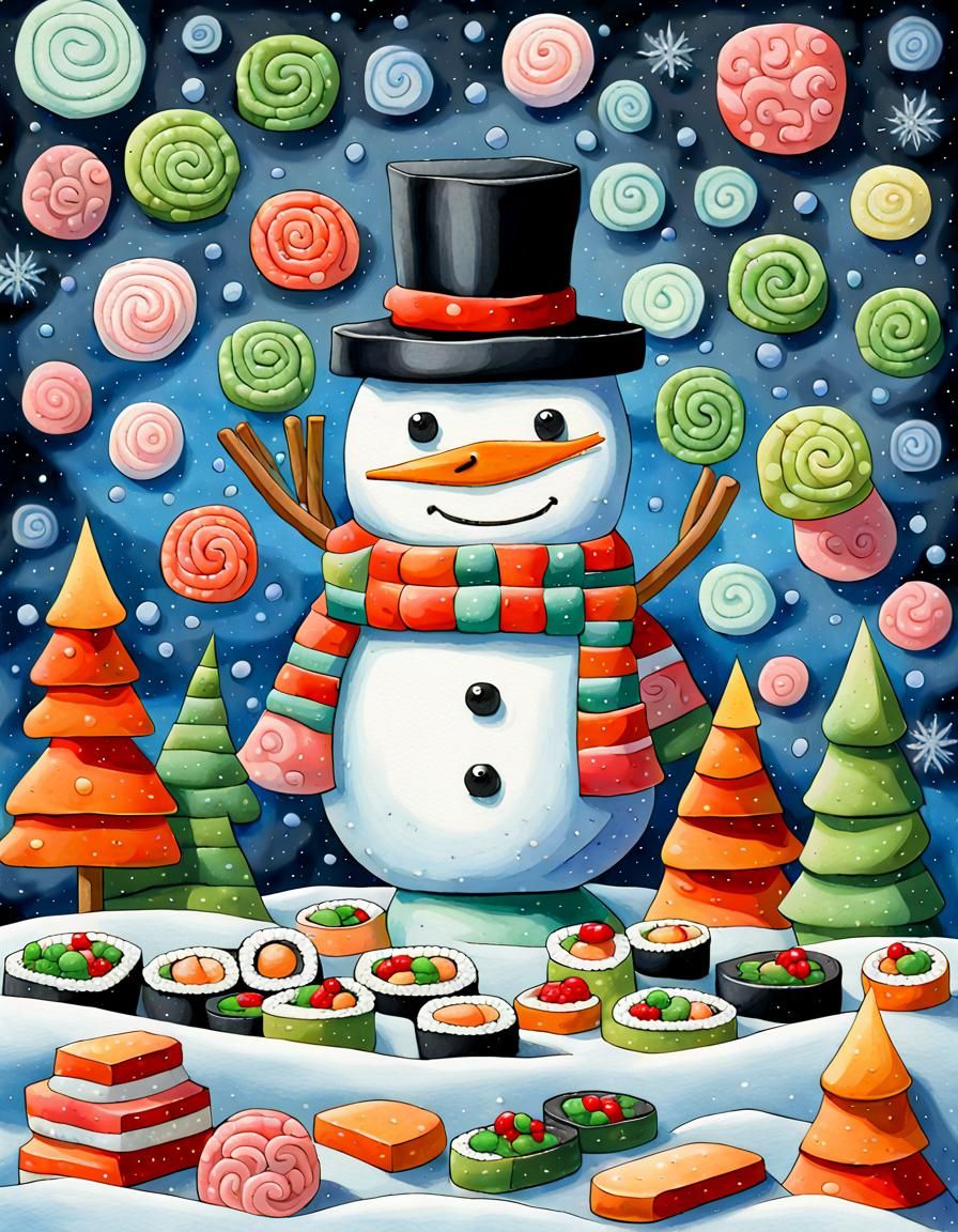 Christmas Sushi Snowman in Cubist Aquarelle Style