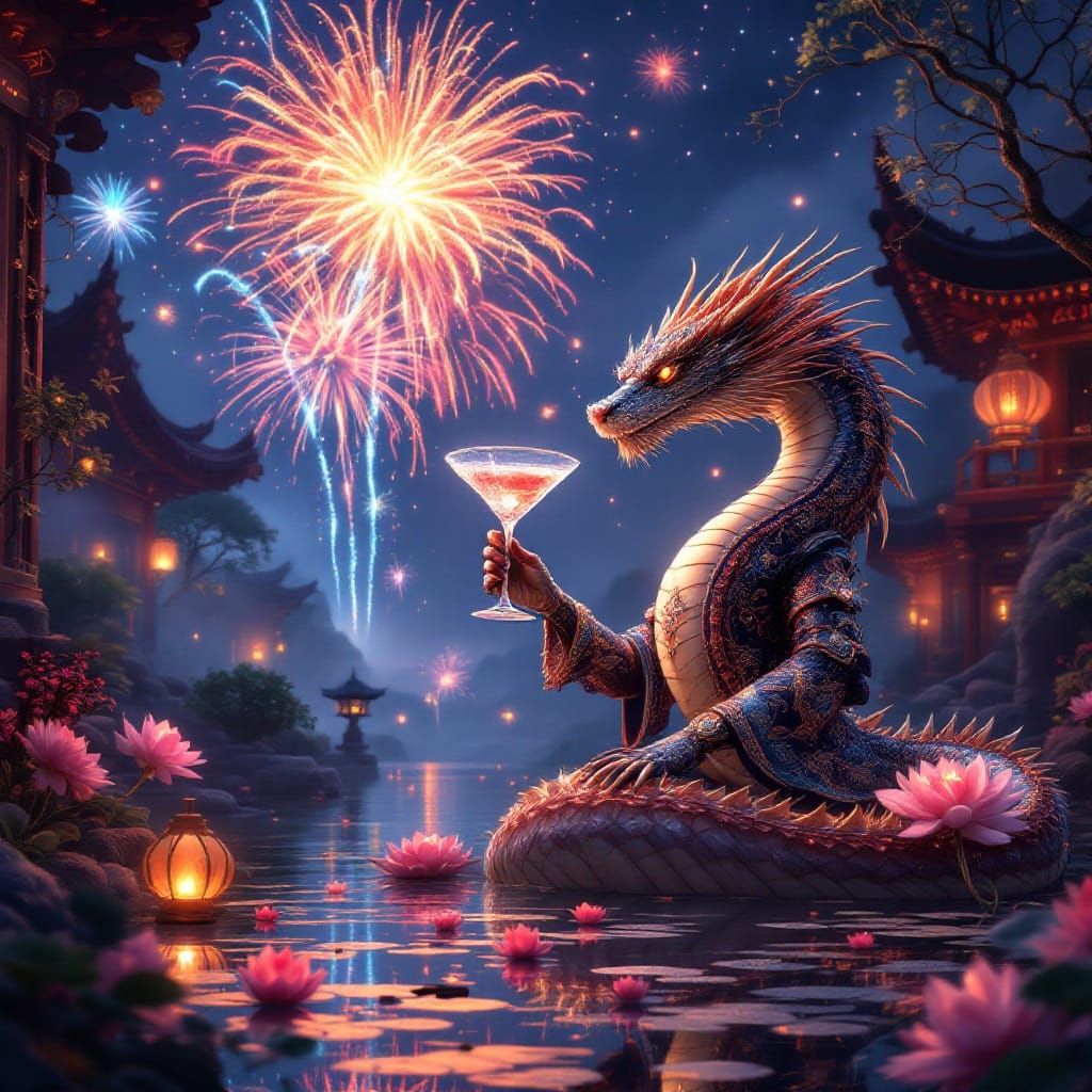 Serpent in Imperial Cheongsam Raises Glass to Futuristic Fir...