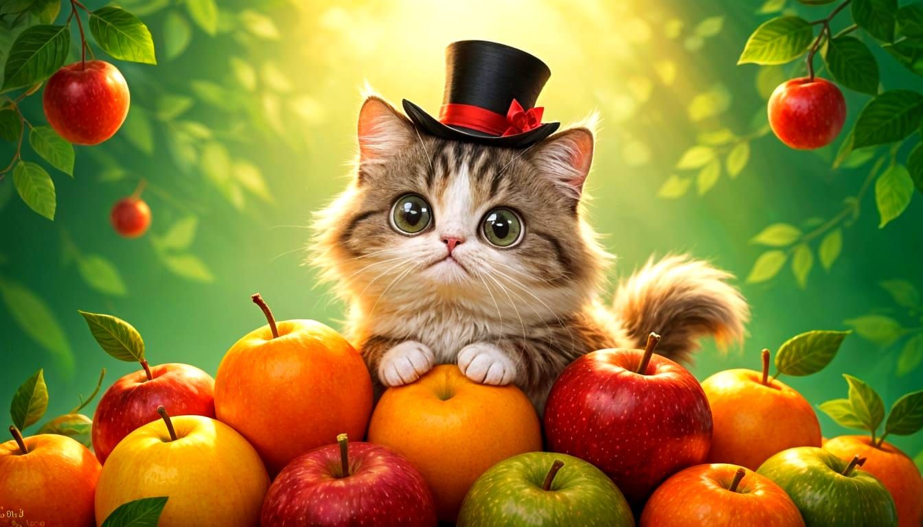 Fluffy Cat in Top Hat on Fruit Pile