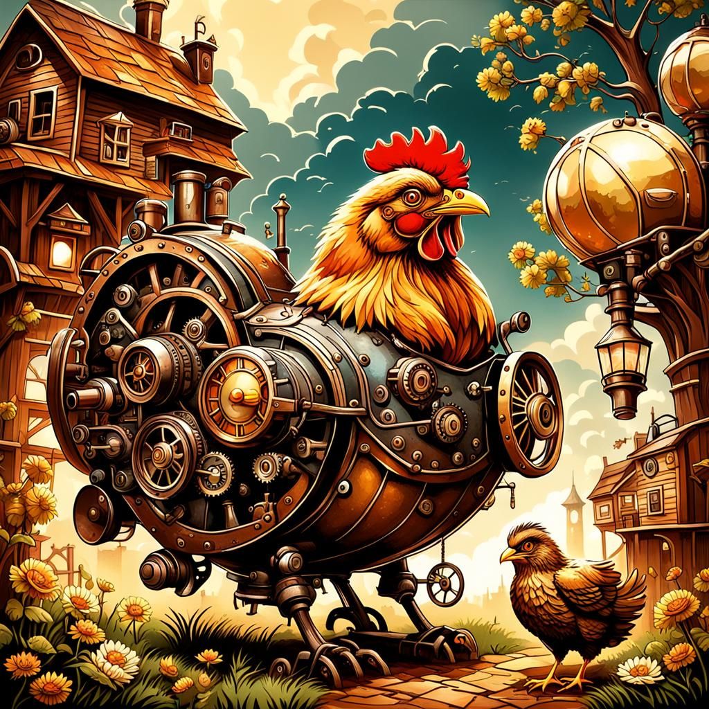 Steampunk Mother Hen and Chicks in Village