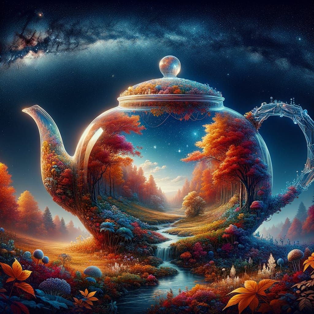 Starlit Autumn Landscape Overflowing from Crystal Teapot