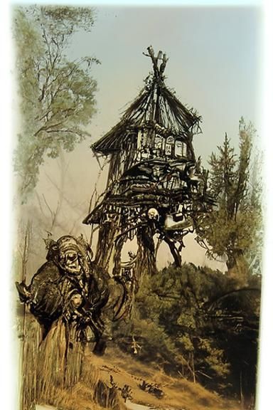Baba Yaga's House in Pine Forest, Ink Drawing