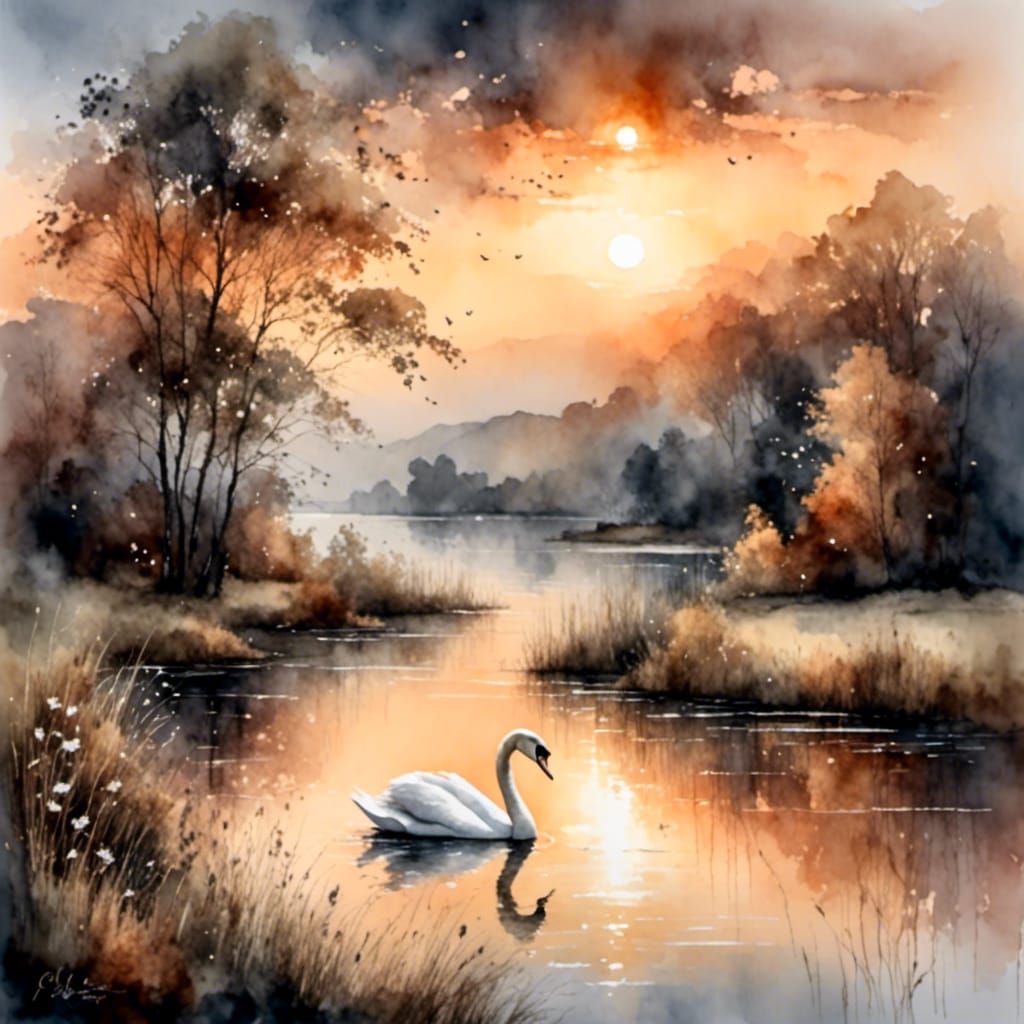 Tranquil Lake Vista with Swan at Sunset