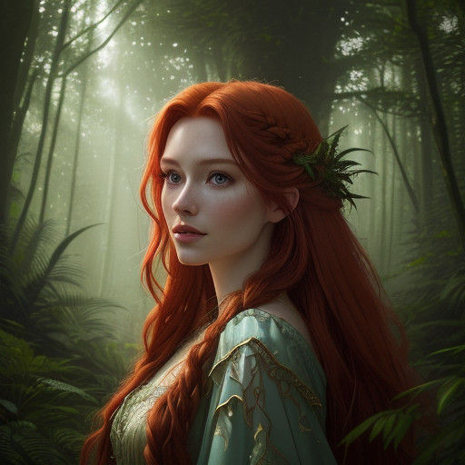 Ethereal Red-Haired Woman in Whimsical Forest
