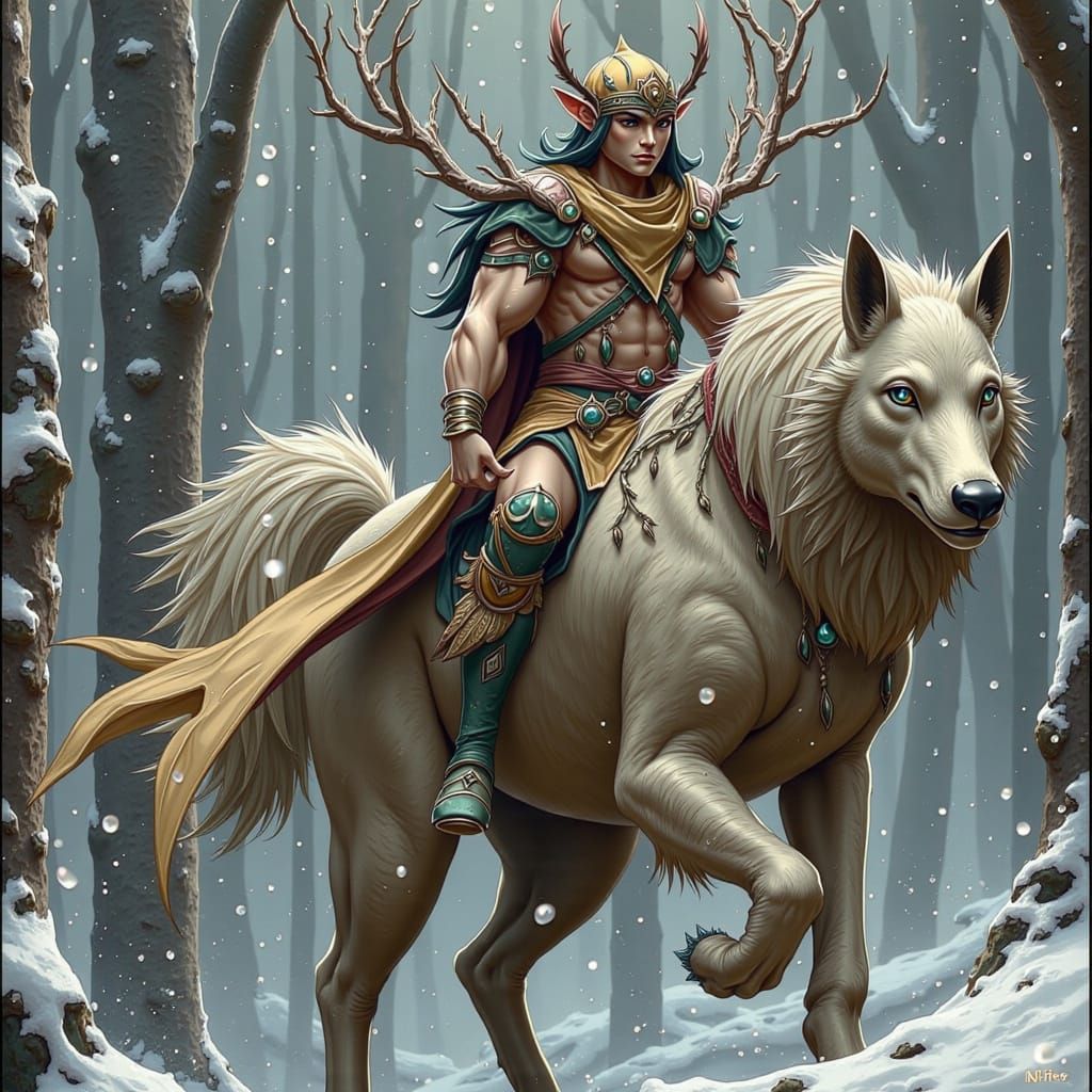 Fierce Wolfrider Elf Rides Majestic Wolf in Snowy Forest