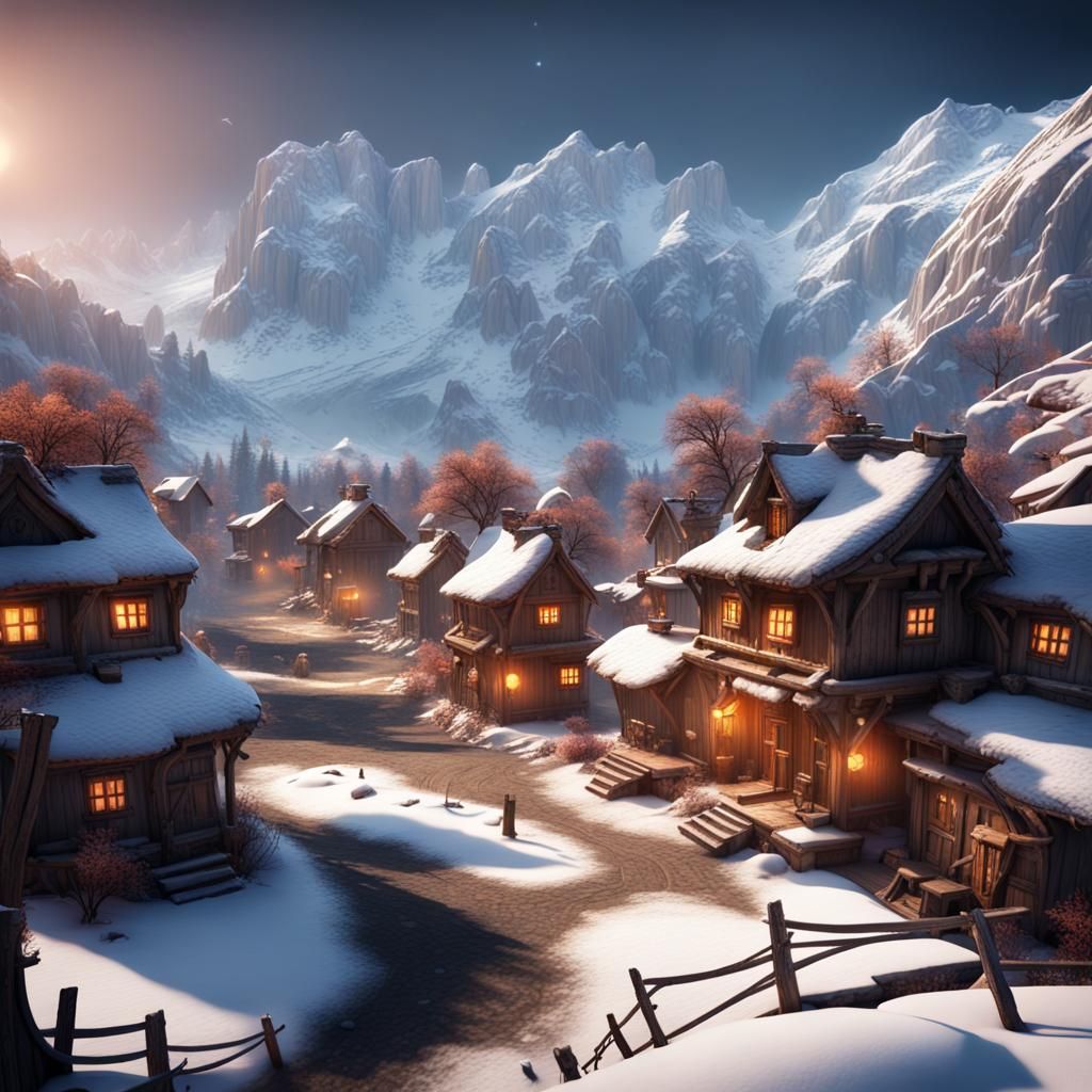 Snowy Medieval Village in Matte Painting Style