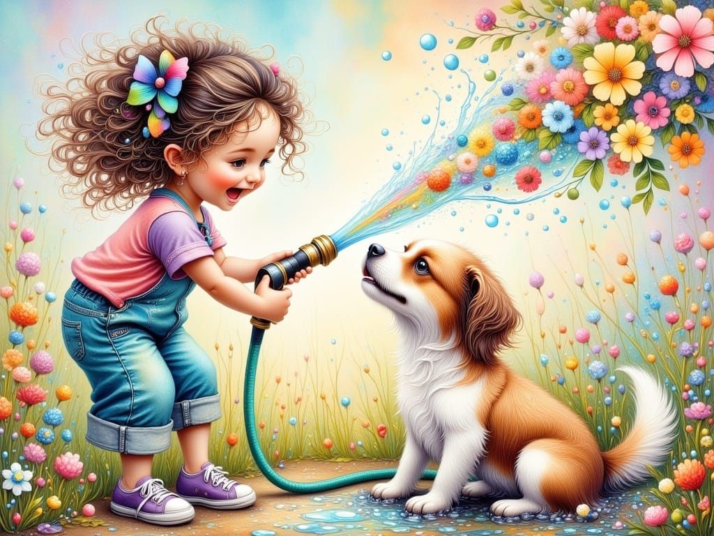 Whimsical Garden Fun with Girl and Dog
