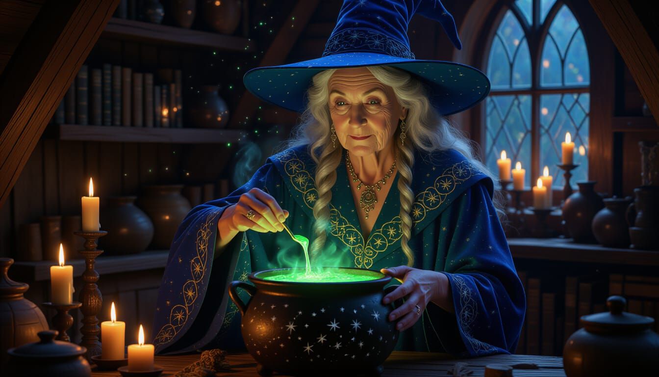Wise Witch Brews Emerald Potion in Cozy Cottage