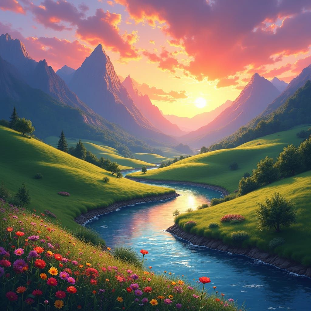 Vivid Painted Landscape at Sunset: Fantasy Concept Art