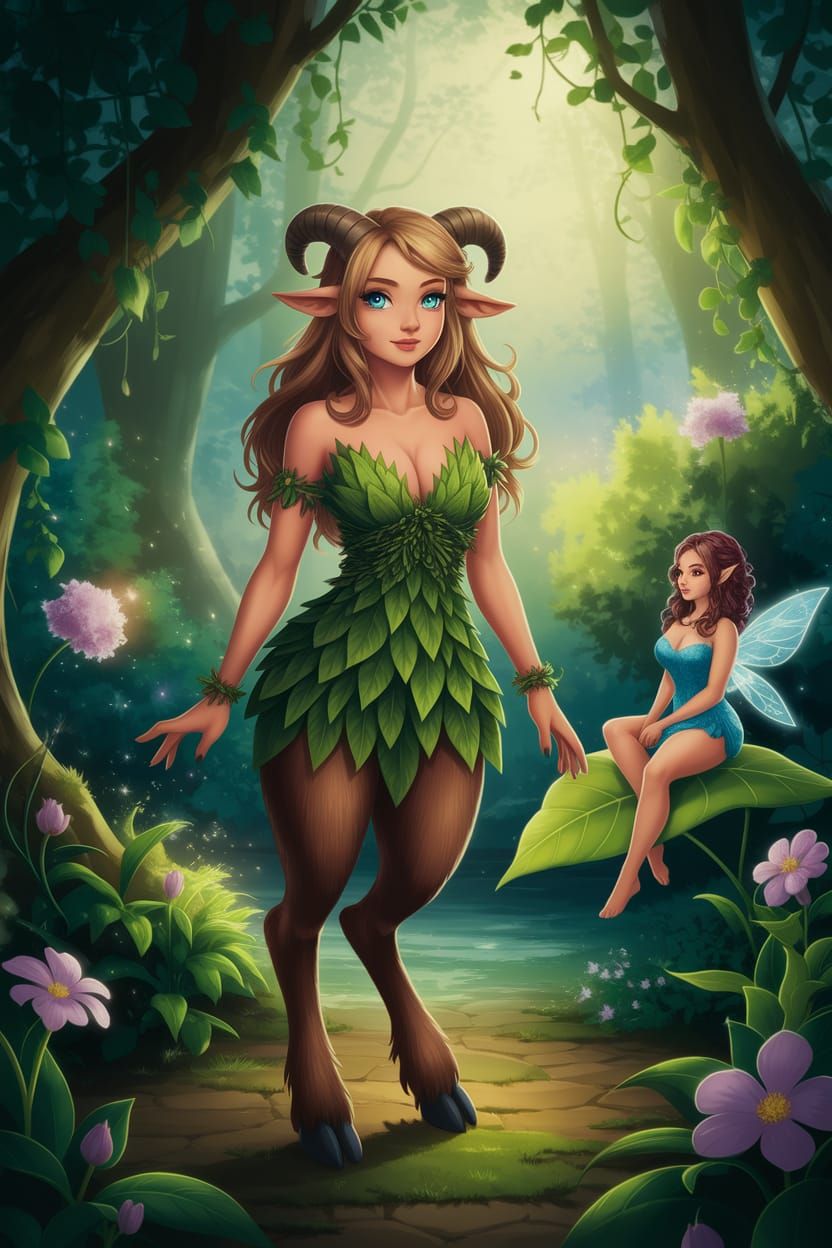 Enchanting Anime Satyr and Fairy in Mystical Forest